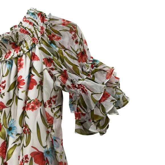 CeCe Women XL White Floral Off Shoulder Smocked Ruffle Sleeve Chiffon Top Beachy - Picture 9 of 16